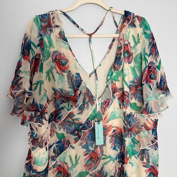 Anthropologie Soft Printed Mini Dress Flutter Sleeves Watercolor Floral Size 2X - Picture 10 of 13